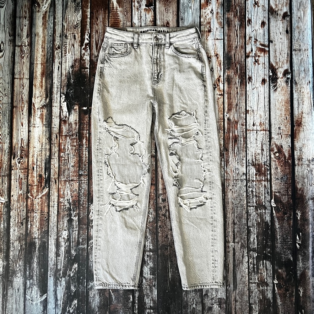 American Eagle Light Denim Distressed Mom Jeans.